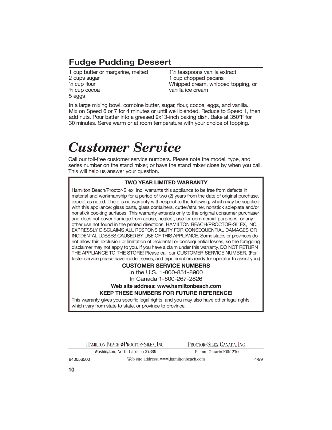 Hamilton Beach 840056500 manual Customer Service, Fudge Pudding Dessert 