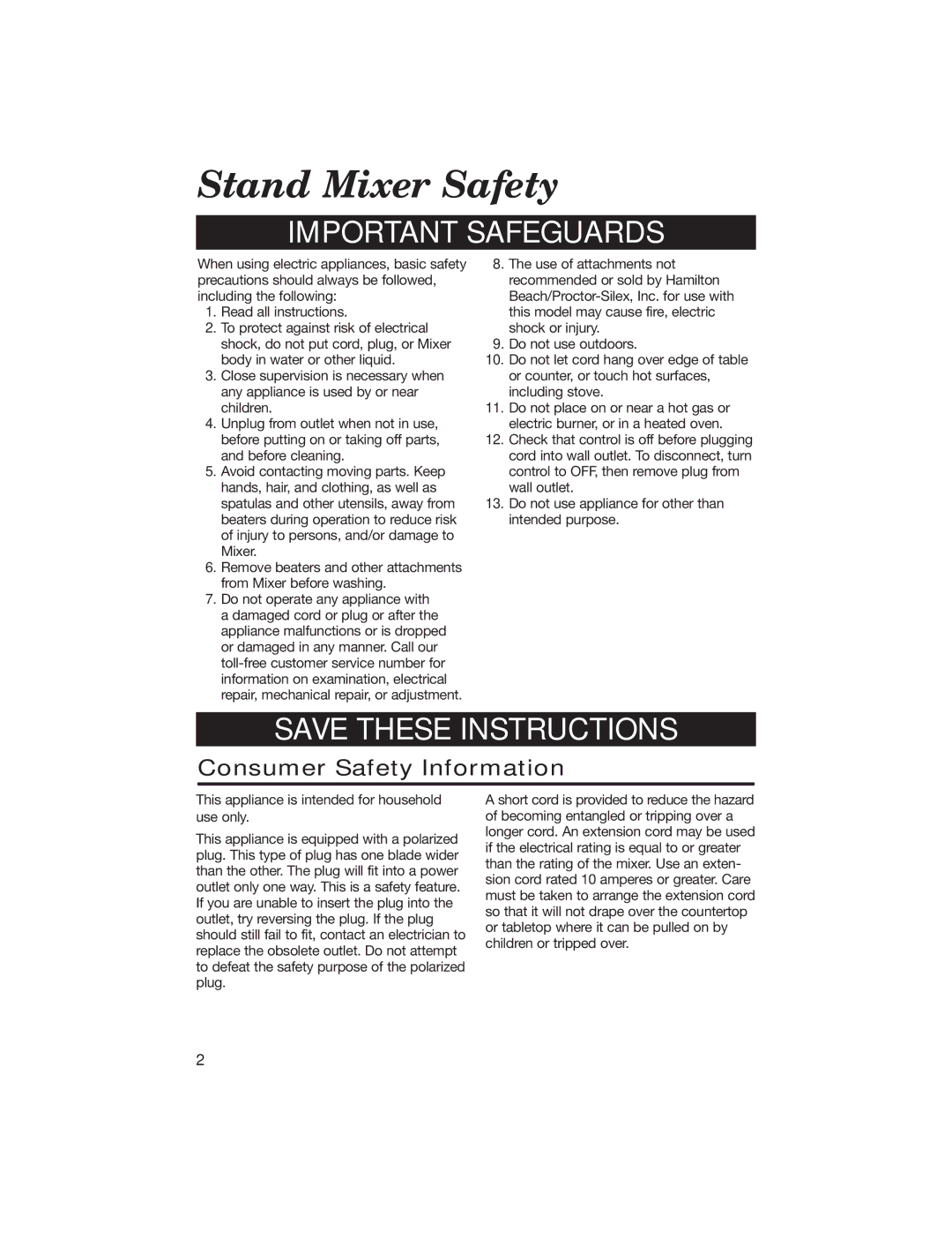 Hamilton Beach 840056500 manual Stand Mixer Safety, Consumer Safety Information 