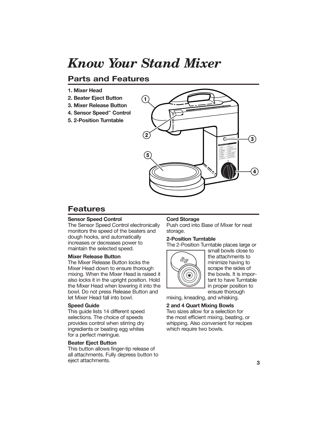 Hamilton Beach 840056500 manual Know Your Stand Mixer, Parts and Features, Speed Guide, Cord Storage 