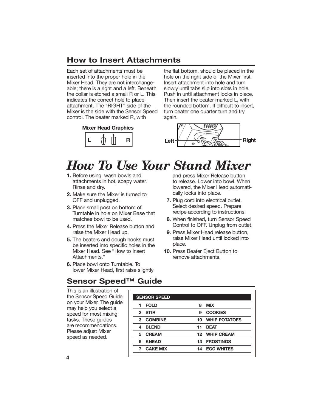 Hamilton Beach 840056500 How To Use Your Stand Mixer, How to Insert Attachments, Sensor Speed Guide, Mixer Head Graphics 