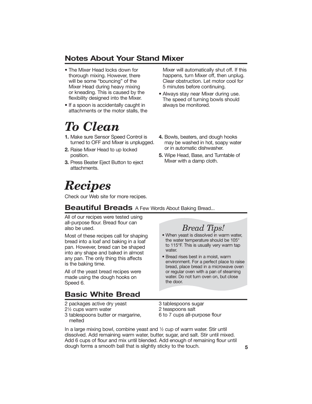 Hamilton Beach 840056500 manual To Clean, Recipes, Basic White Bread 