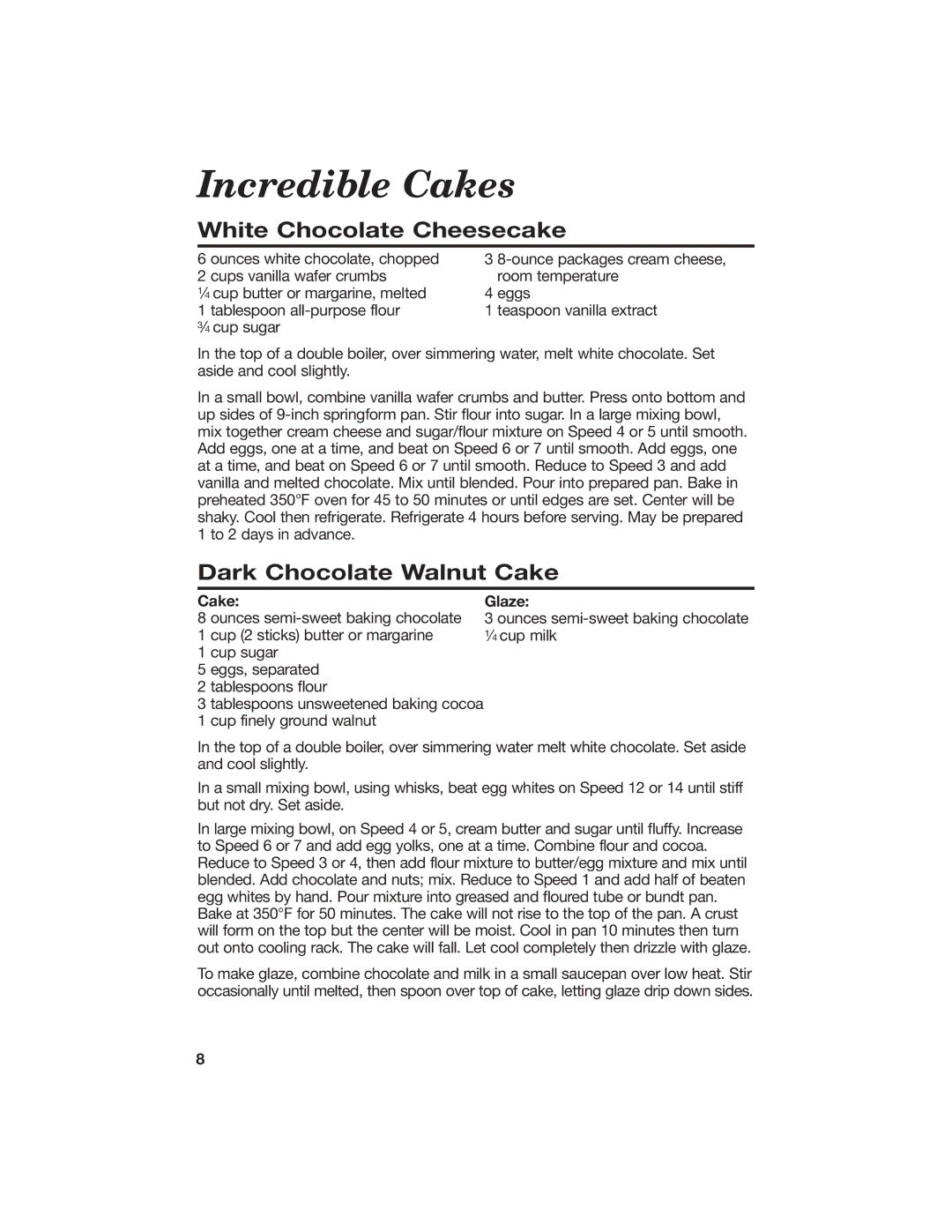 Hamilton Beach 840056500 manual Incredible Cakes, White Chocolate Cheesecake, Dark Chocolate Walnut Cake, Cake Glaze 