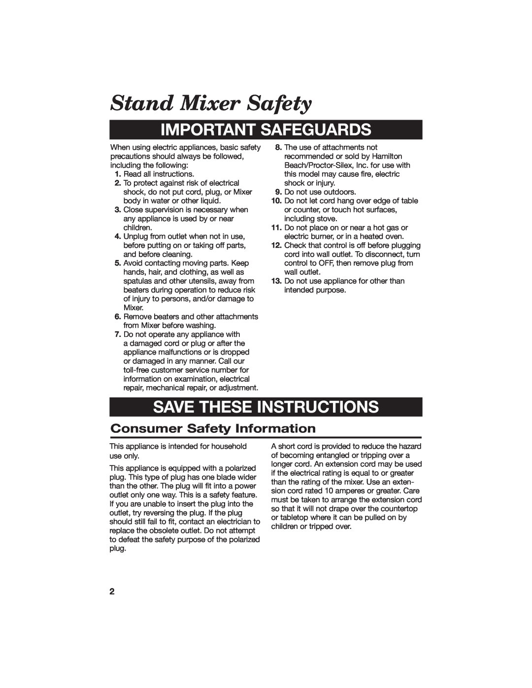 Hamilton Beach 840056500 Stand Mixer Safety, Consumer Safety Information, Important Safeguards, Save These Instructions 