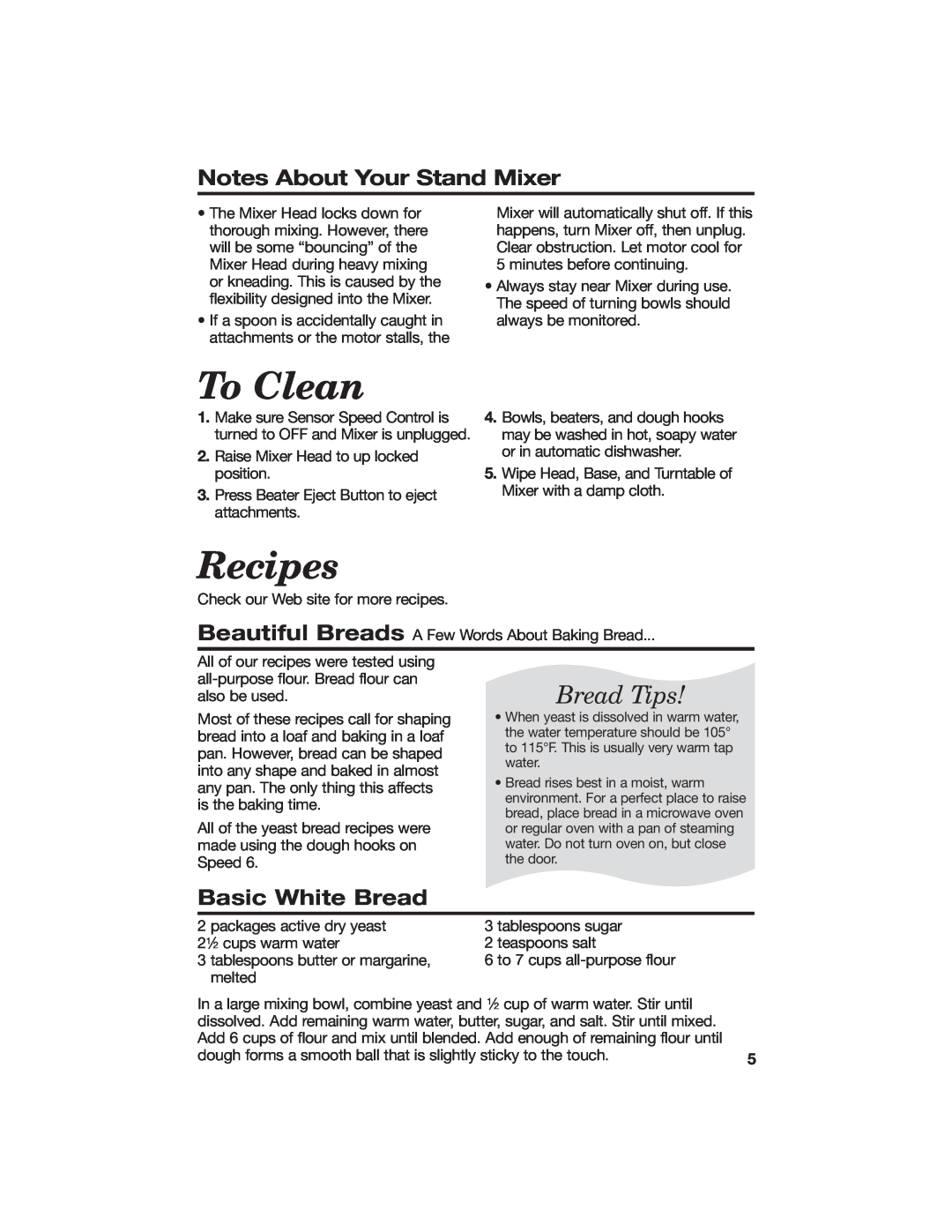 Hamilton Beach 840056500 manual To Clean, Recipes, Notes About Your Stand Mixer, Basic White Bread, Bread Tips 