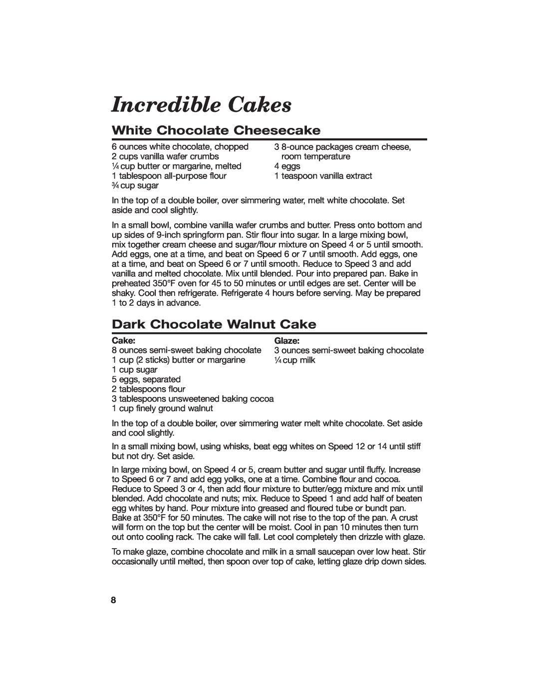 Hamilton Beach 840056500 manual Incredible Cakes, White Chocolate Cheesecake, Dark Chocolate Walnut Cake, Glaze 