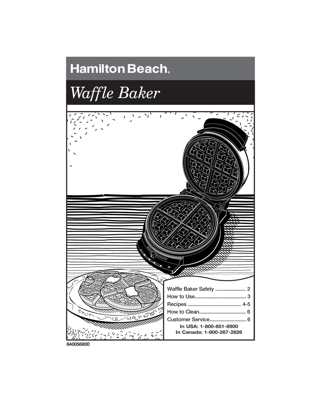 Hamilton Beach 840056800 manual Waffle Baker 