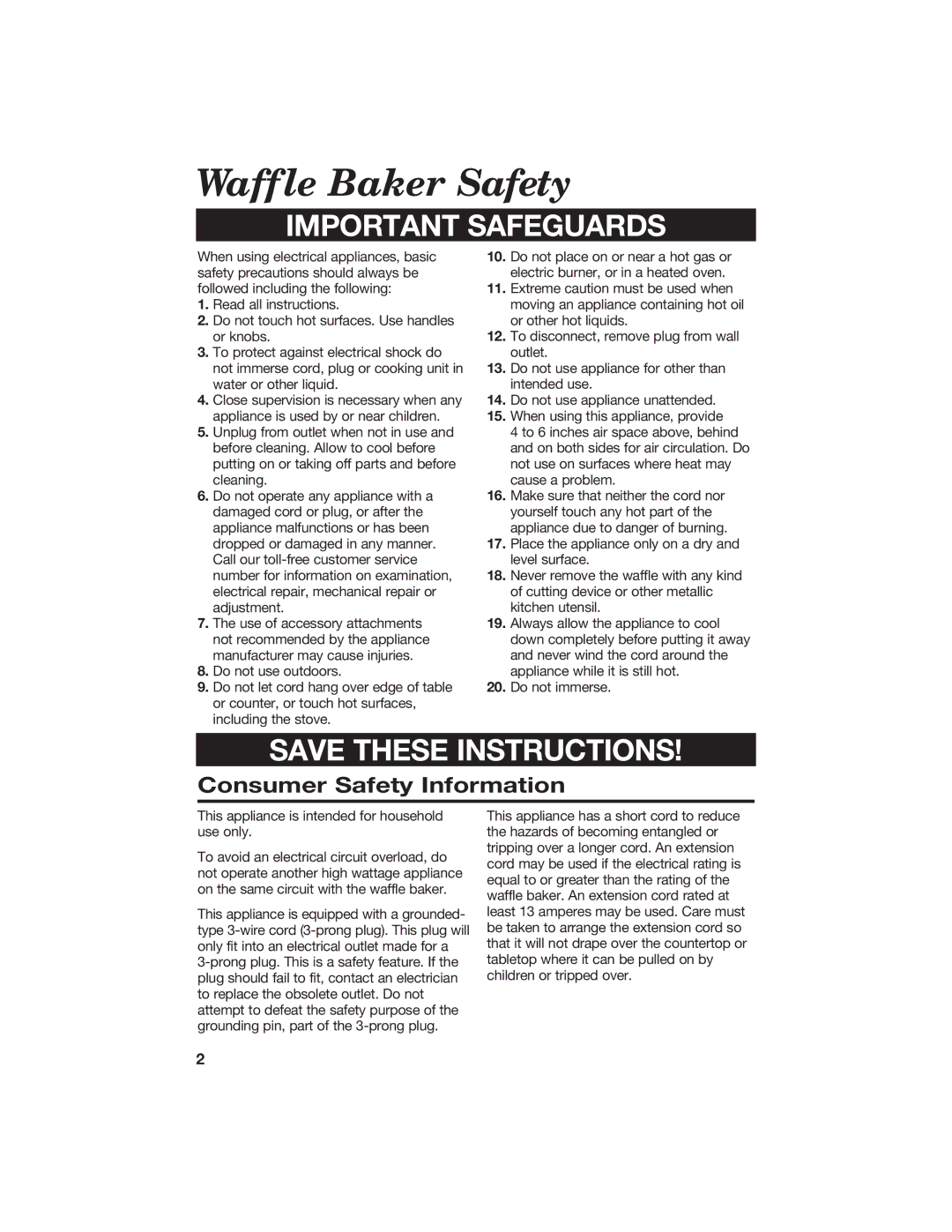 Hamilton Beach 840056800 manual Waffle Baker Safety, Consumer Safety Information 