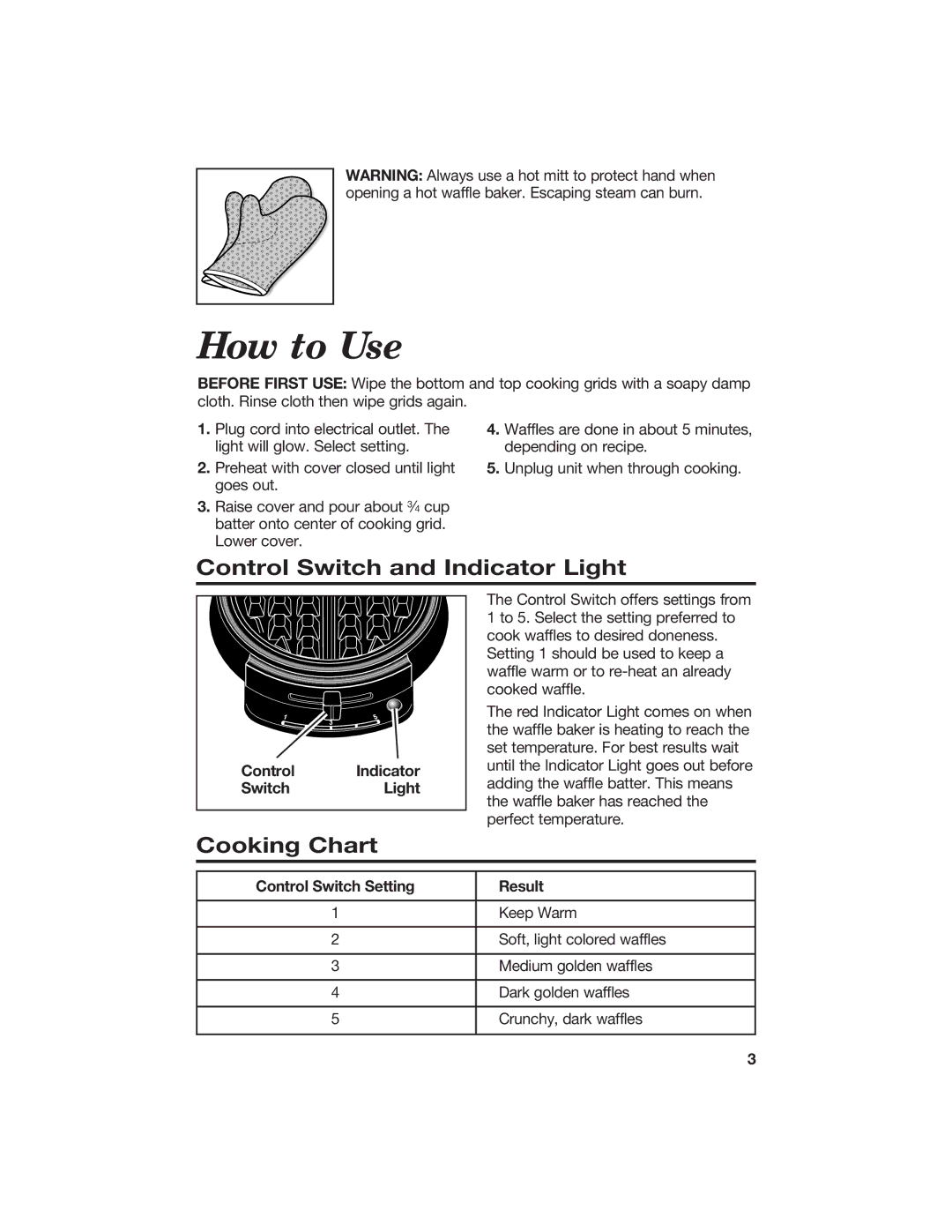 Hamilton Beach 840056800 manual How to Use, Control Switch and Indicator Light, Cooking Chart 