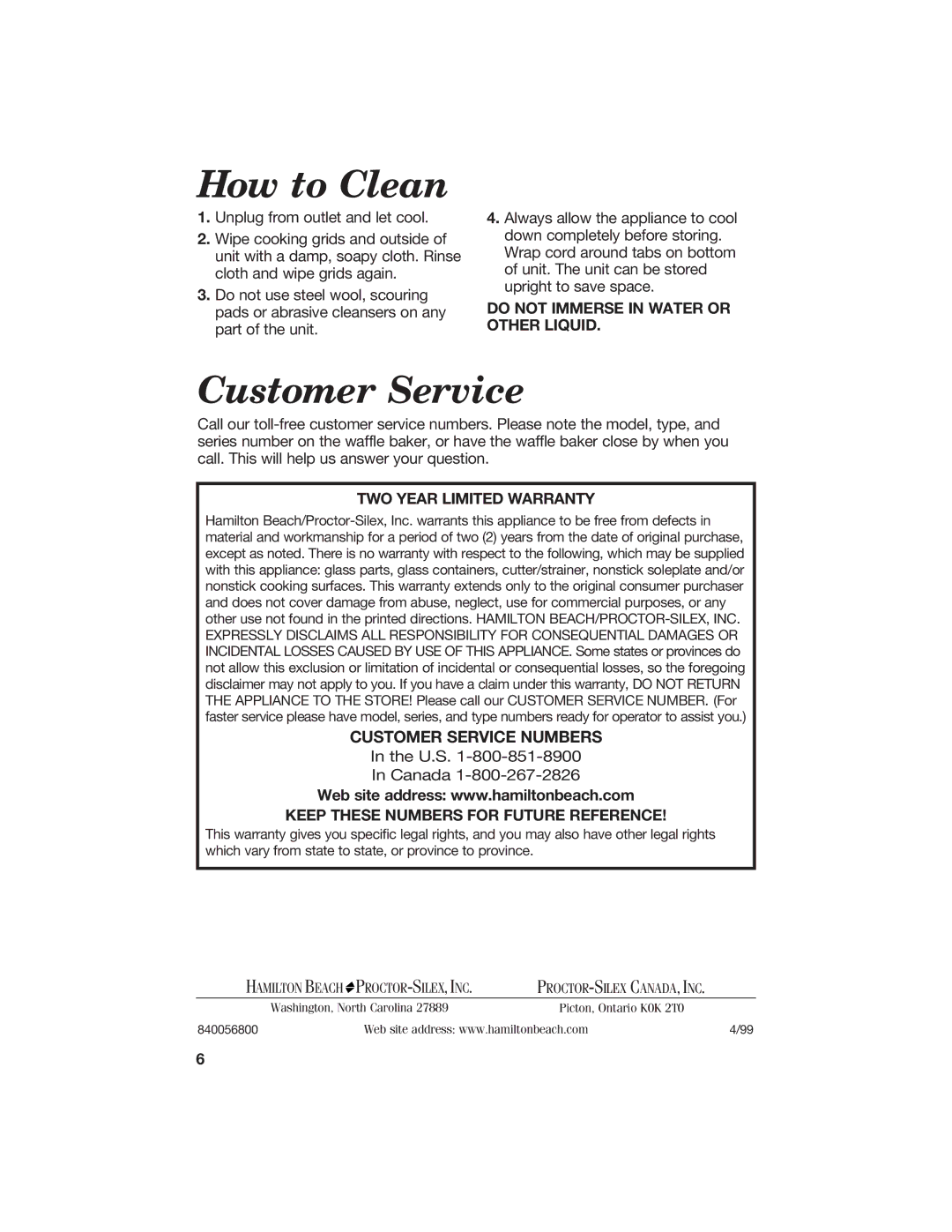 Hamilton Beach 840056800 manual How to Clean, Customer Service 