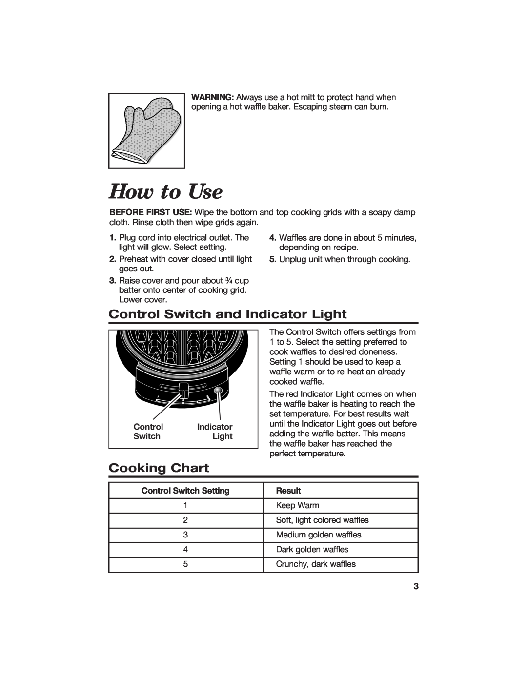 Hamilton Beach 840056800 How to Use, Control Switch and Indicator Light, Cooking Chart, Control Indicator SwitchLight 