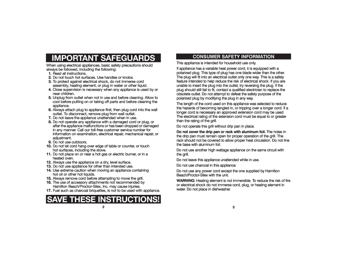Hamilton Beach 840058500 manual Important Safeguards, Save These Instructions, Consumer Safety Information 