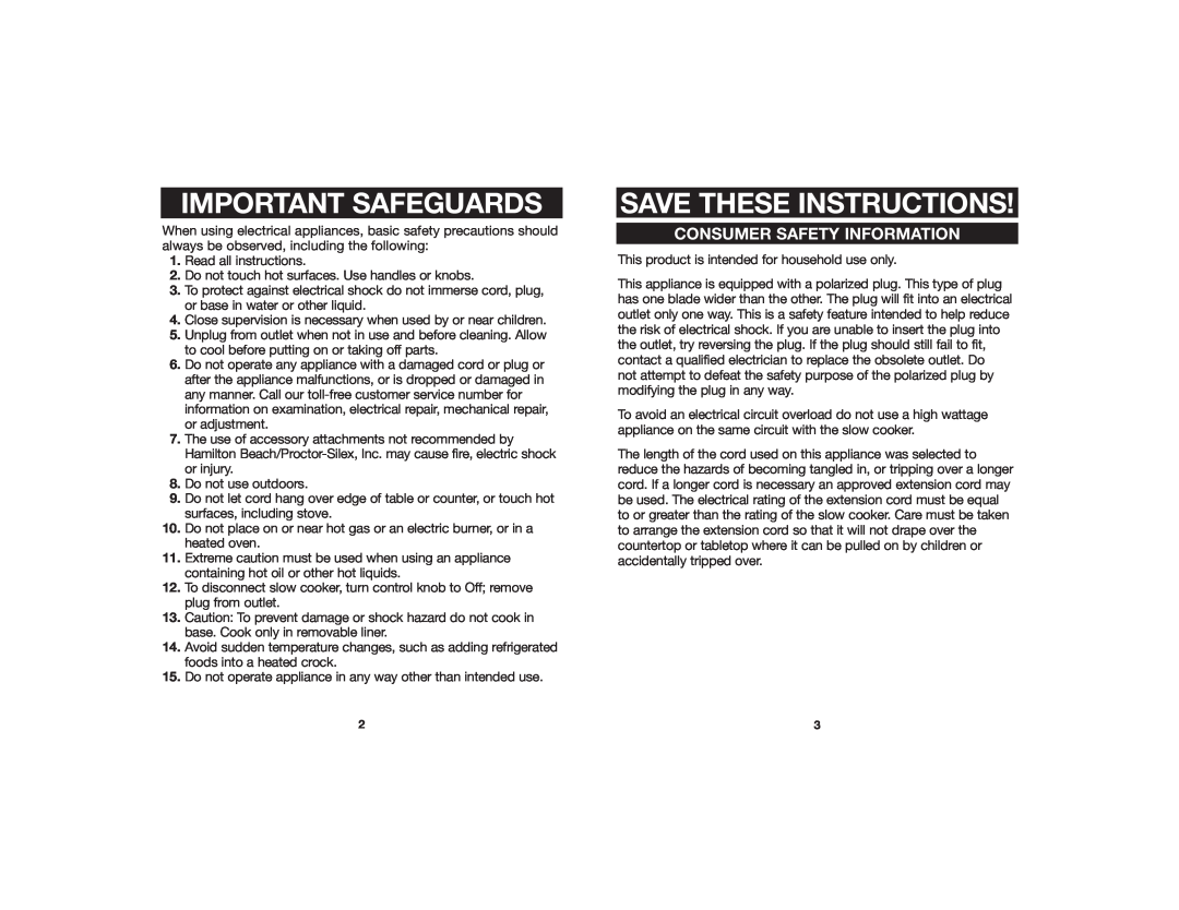 Hamilton Beach 840059300 manual Important Safeguards, Save These Instructions, Consumer Safety Information 