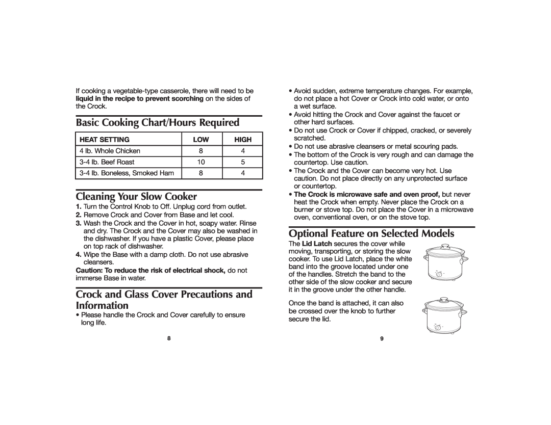 Hamilton Beach 840059300 manual Basic Cooking Chart/Hours Required, Cleaning Your Slow Cooker, Heat Setting, High 