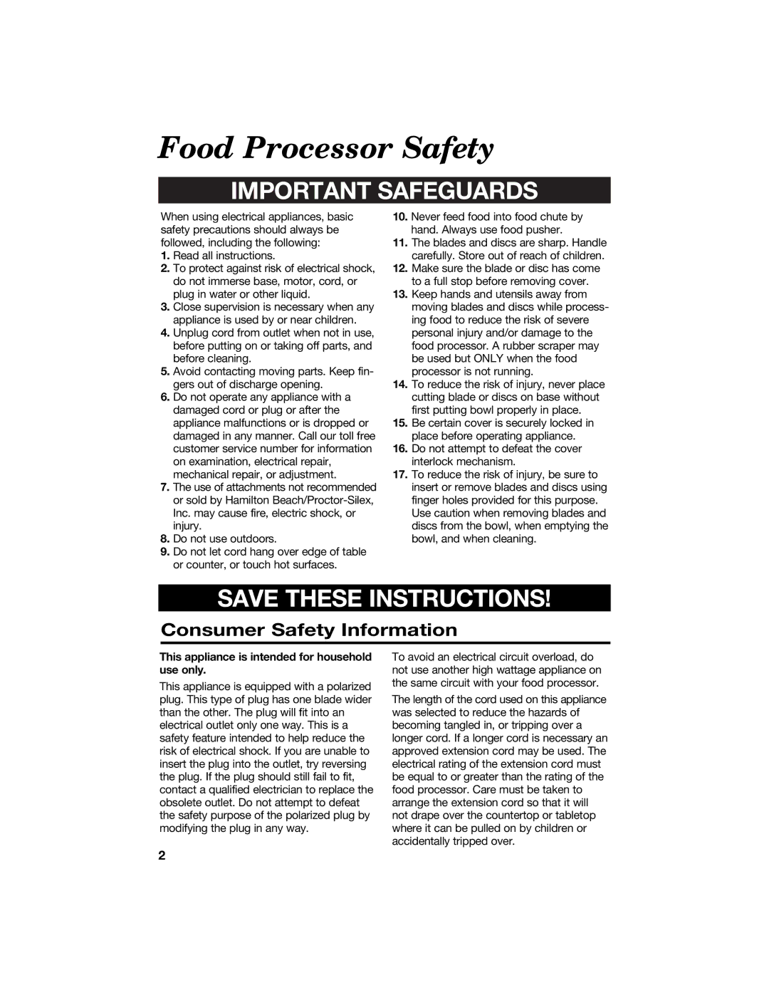 Hamilton Beach 840066200 manual Food Processor Safety, Consumer Safety Information 