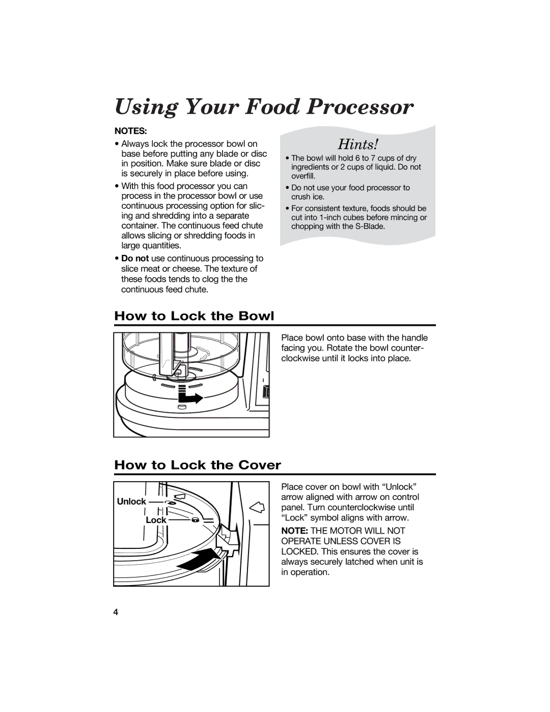 Hamilton Beach 840066200 manual Using Your Food Processor, How to Lock the Bowl, How to Lock the Cover, Unlock Lock 