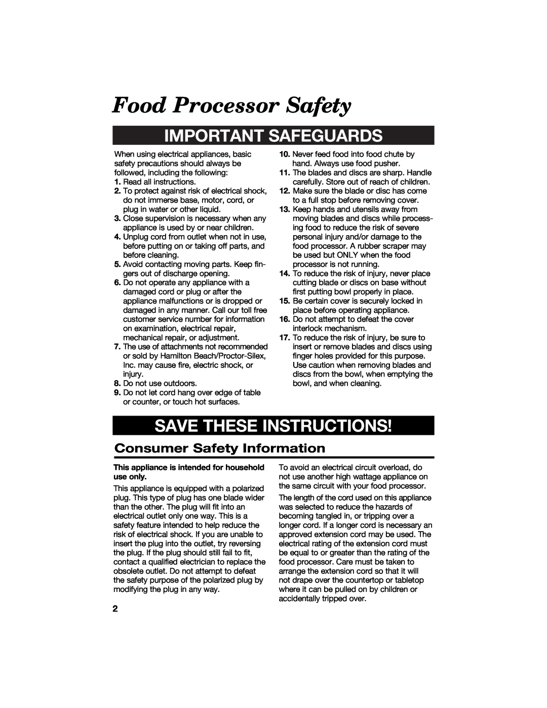 Hamilton Beach 840066200 Food Processor Safety, Consumer Safety Information, Important Safeguards, Save These Instructions 