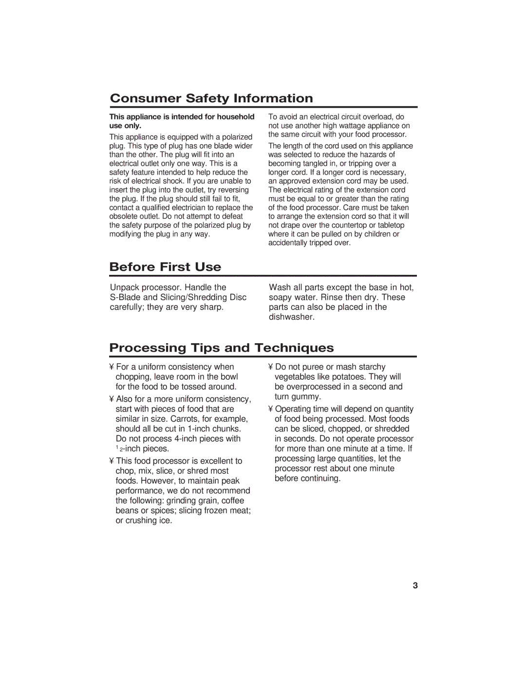 Hamilton Beach 840067300 manual Consumer Safety Information, Before First Use, Processing Tips and Techniques 