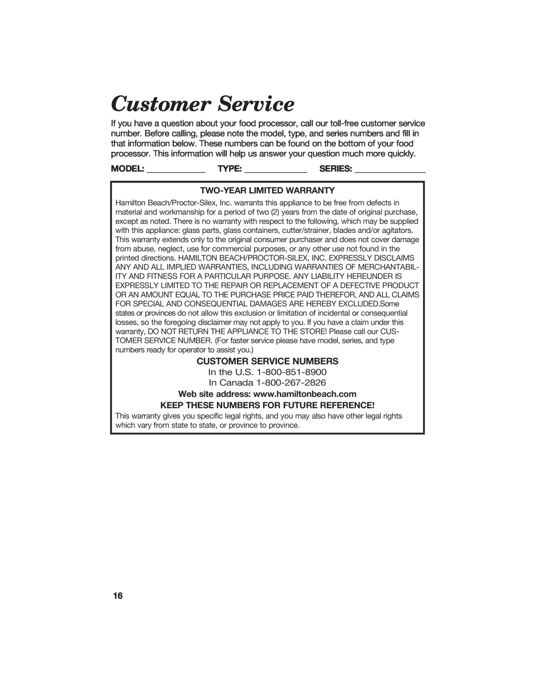 Hamilton Beach 840067300 manual Customer Service Numbers 