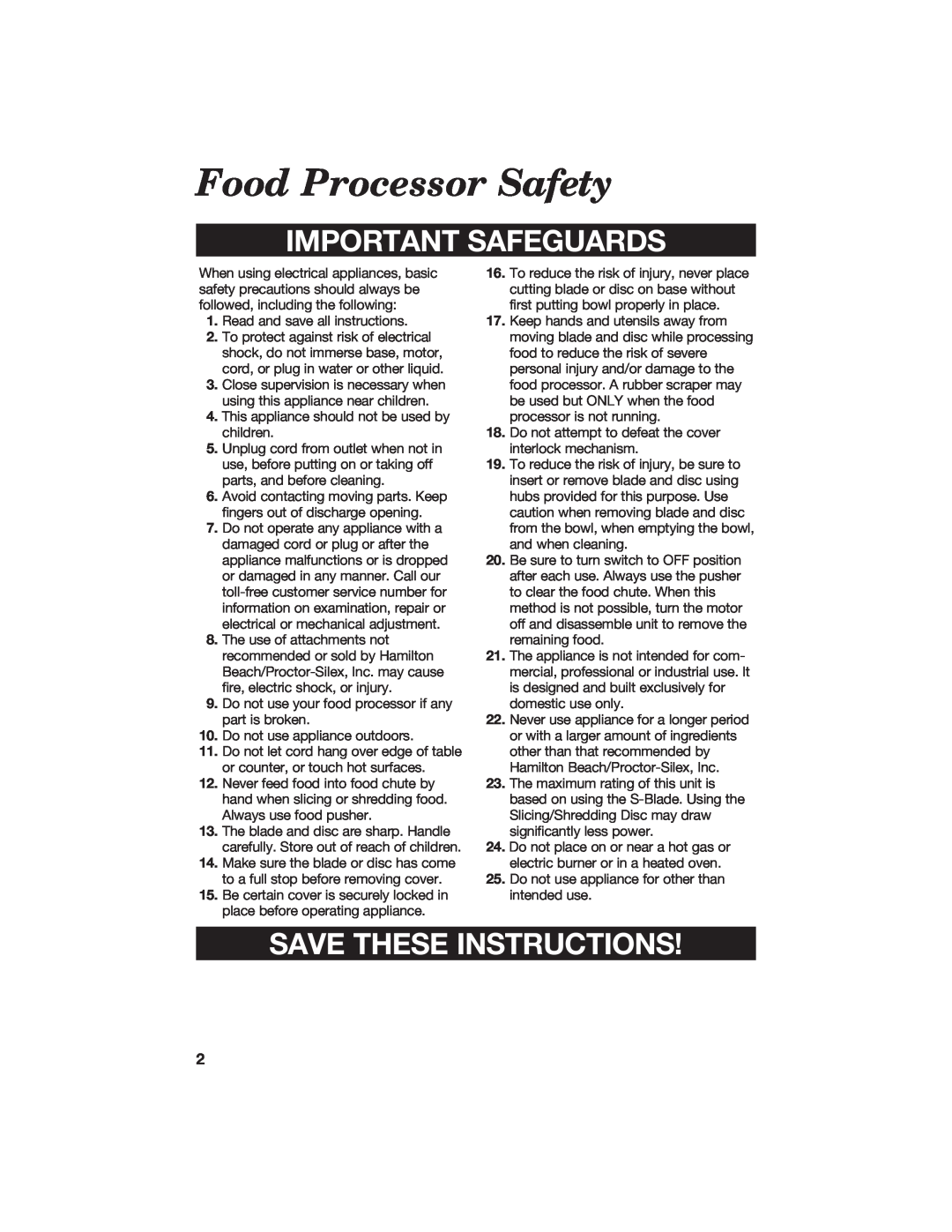 Hamilton Beach 840067300 manual Food Processor Safety, Important Safeguards, Save These Instructions 