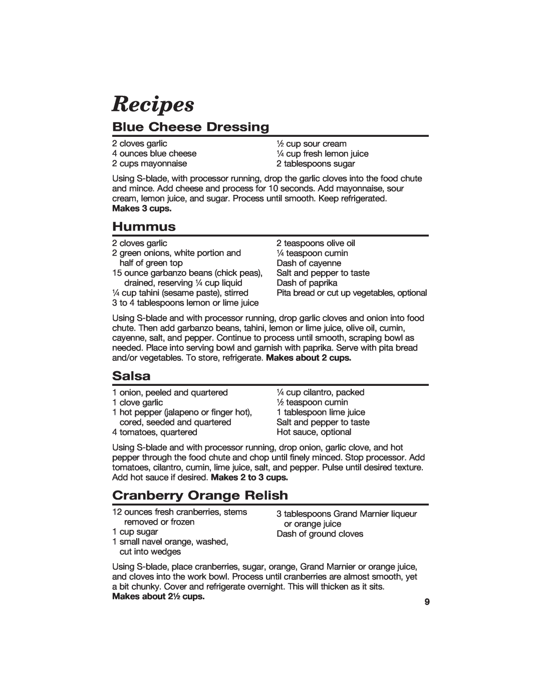 Hamilton Beach 840067300 manual Recipes, Blue Cheese Dressing, Hummus, Salsa, Cranberry Orange Relish 