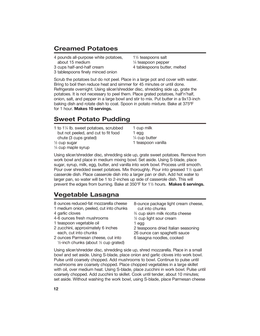 Hamilton Beach 840067400 manual Creamed Potatoes, Sweet Potato Pudding, Vegetable Lasagna 