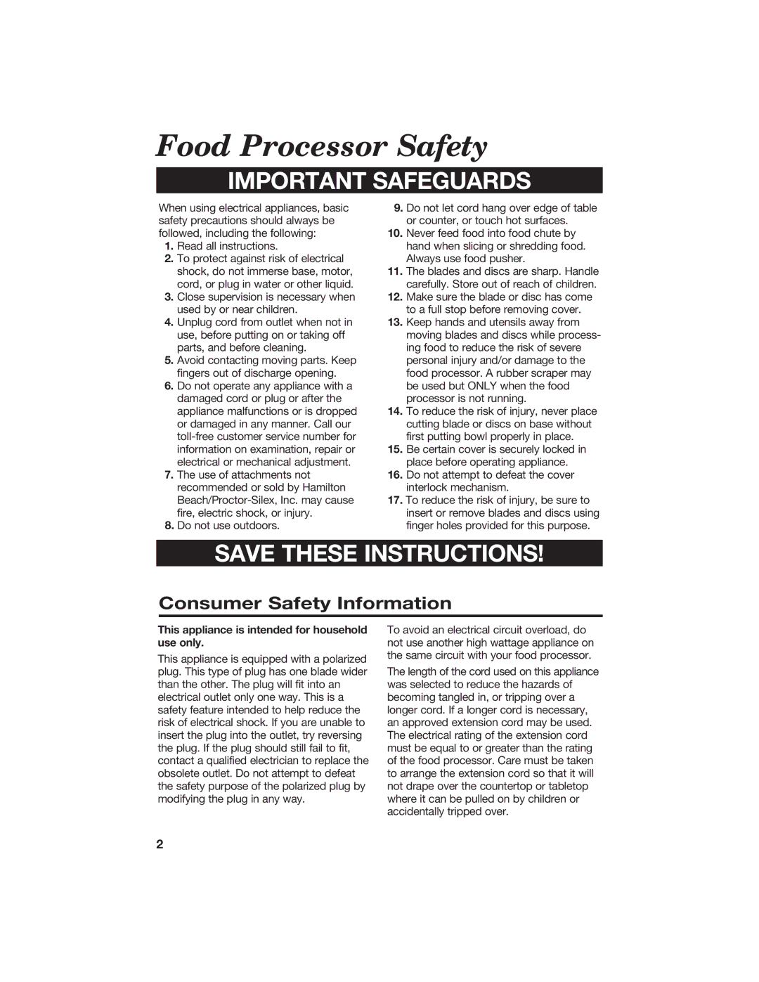 Hamilton Beach 840067400 manual Food Processor Safety, Consumer Safety Information 