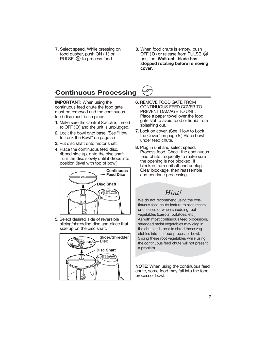 Hamilton Beach 840067400 manual Hint, Continuous Processing 