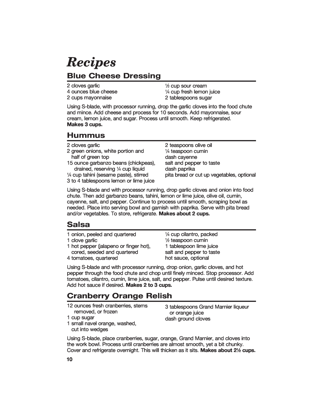 Hamilton Beach 840067400 manual Recipes, Blue Cheese Dressing, Hummus, Salsa, Cranberry Orange Relish 