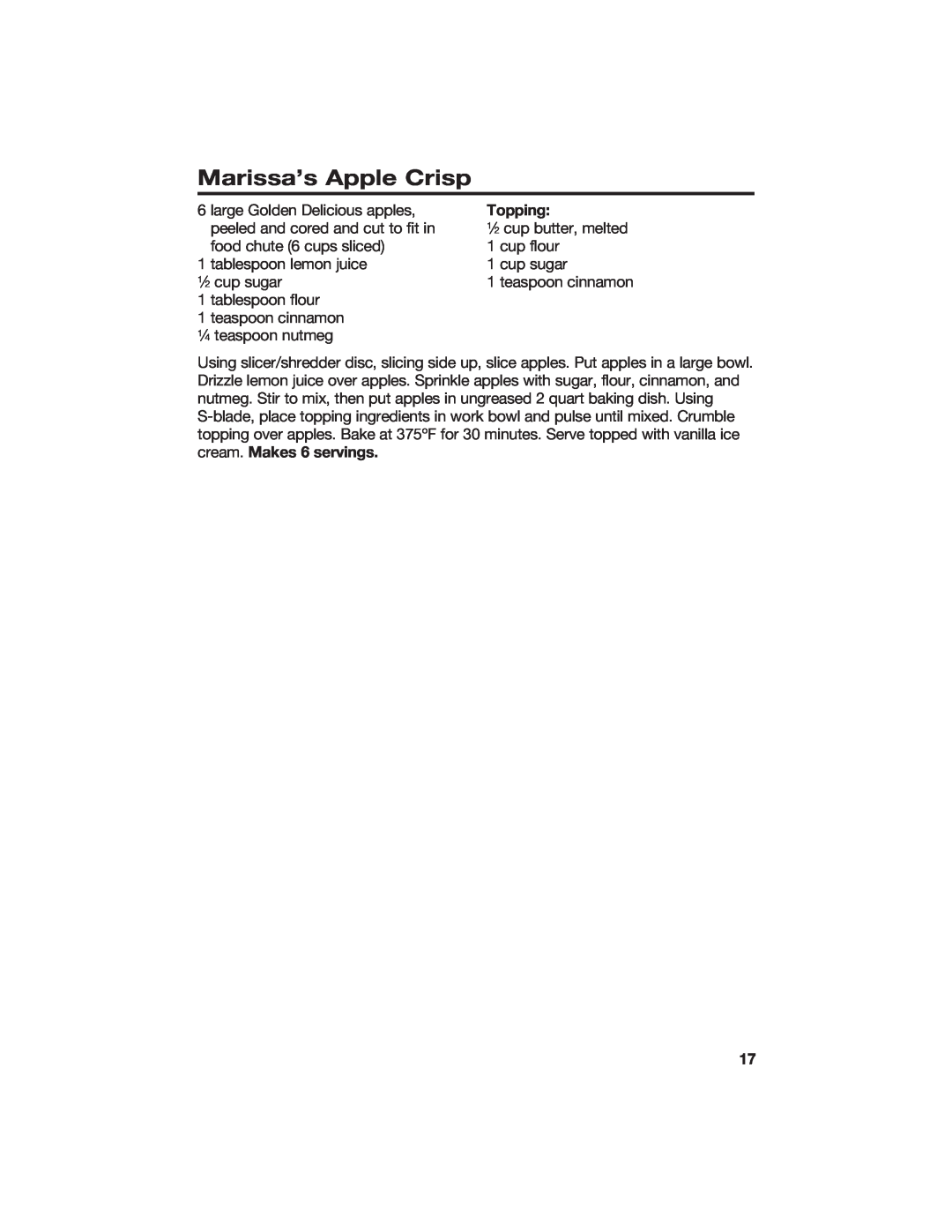 Hamilton Beach 840067400 manual Marissa’s Apple Crisp, Topping 