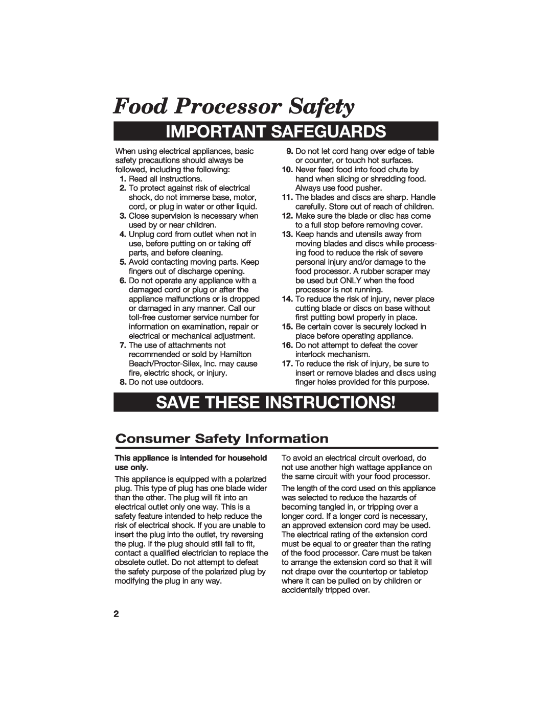 Hamilton Beach 840067400 Food Processor Safety, Consumer Safety Information, Important Safeguards, Save These Instructions 
