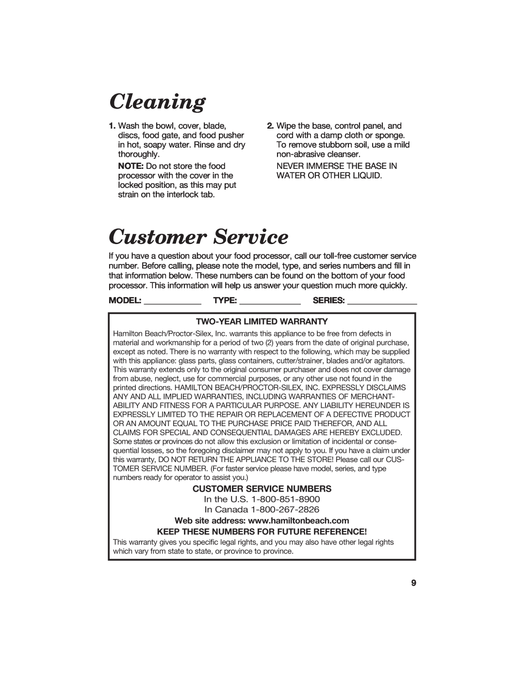 Hamilton Beach 840067400 manual Cleaning, Customer Service Numbers 