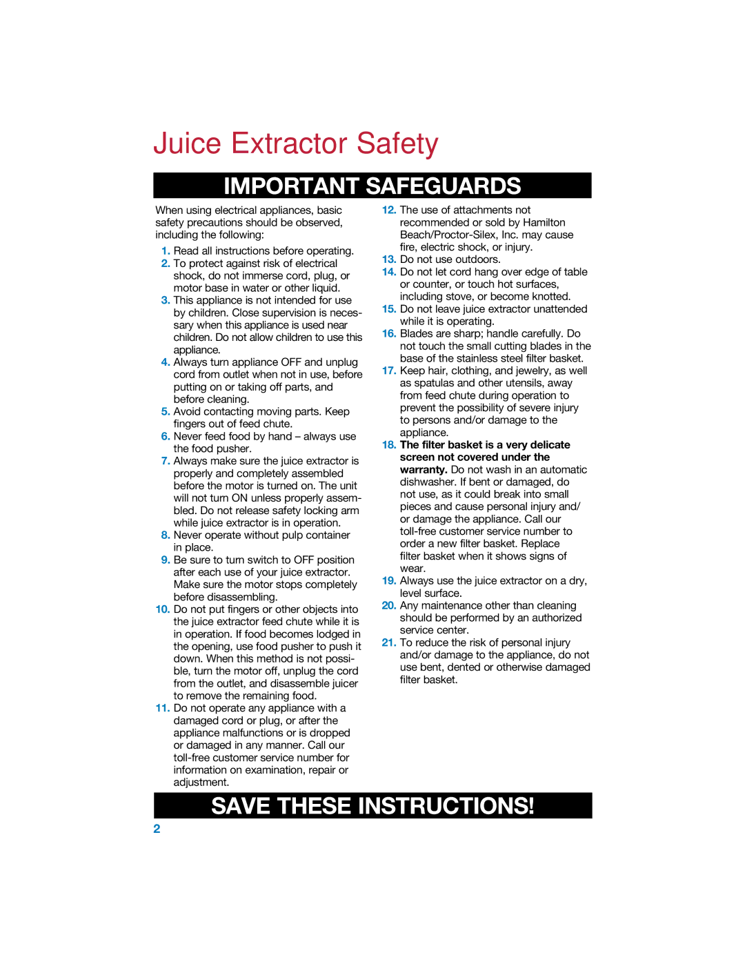 Hamilton Beach 840067800 manual Juice Extractor Safety, Important Safeguards 