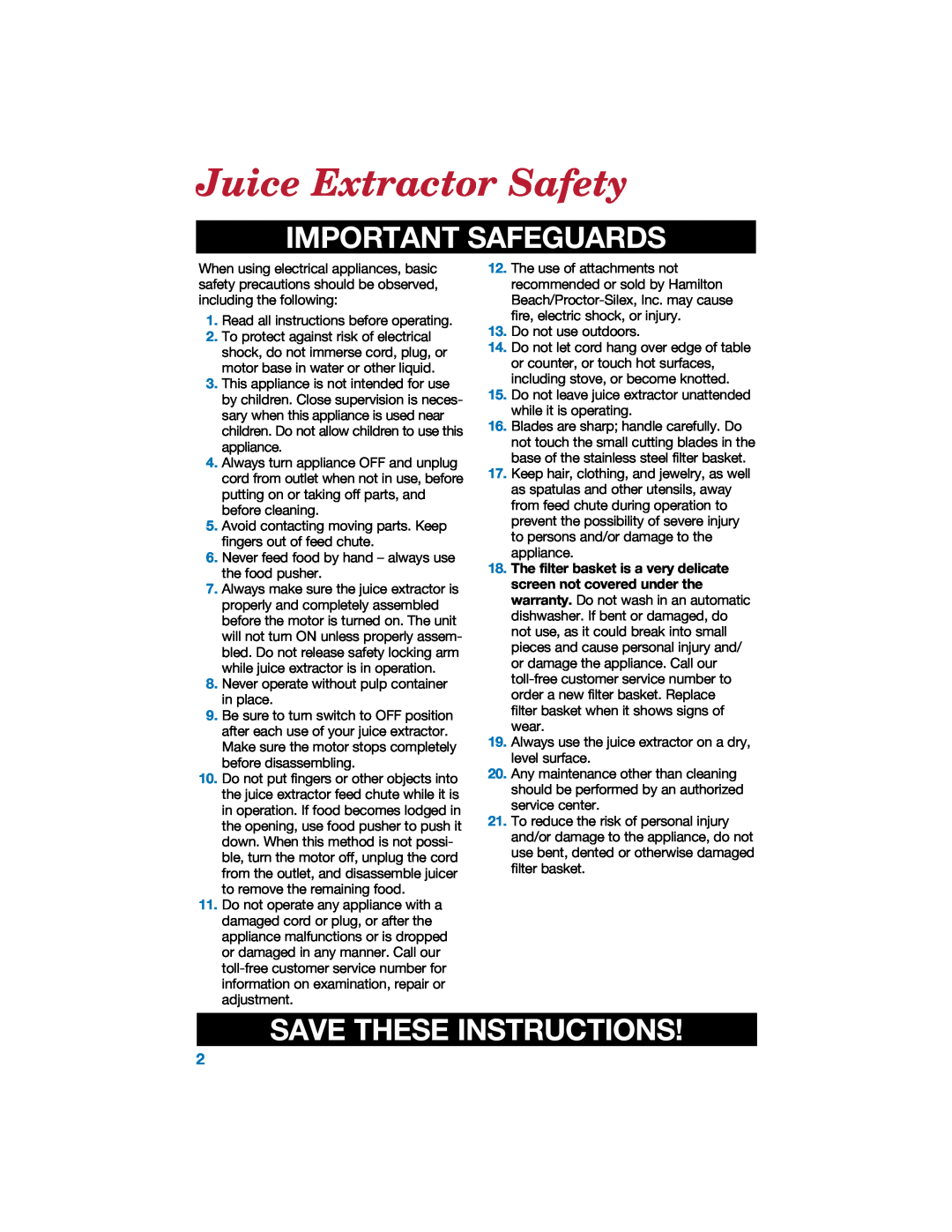 Hamilton Beach 840067800 manual Juice Extractor Safety, Important Safeguards, Save These Instructions 