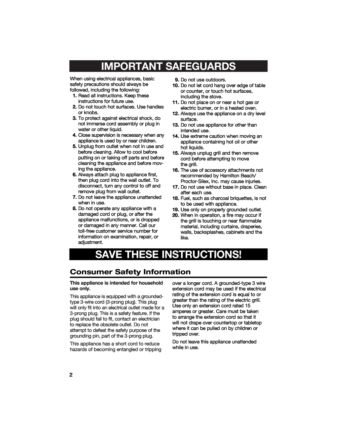 Hamilton Beach 840068300 manual Important Safeguards, Save These Instructions, Consumer Safety Information 