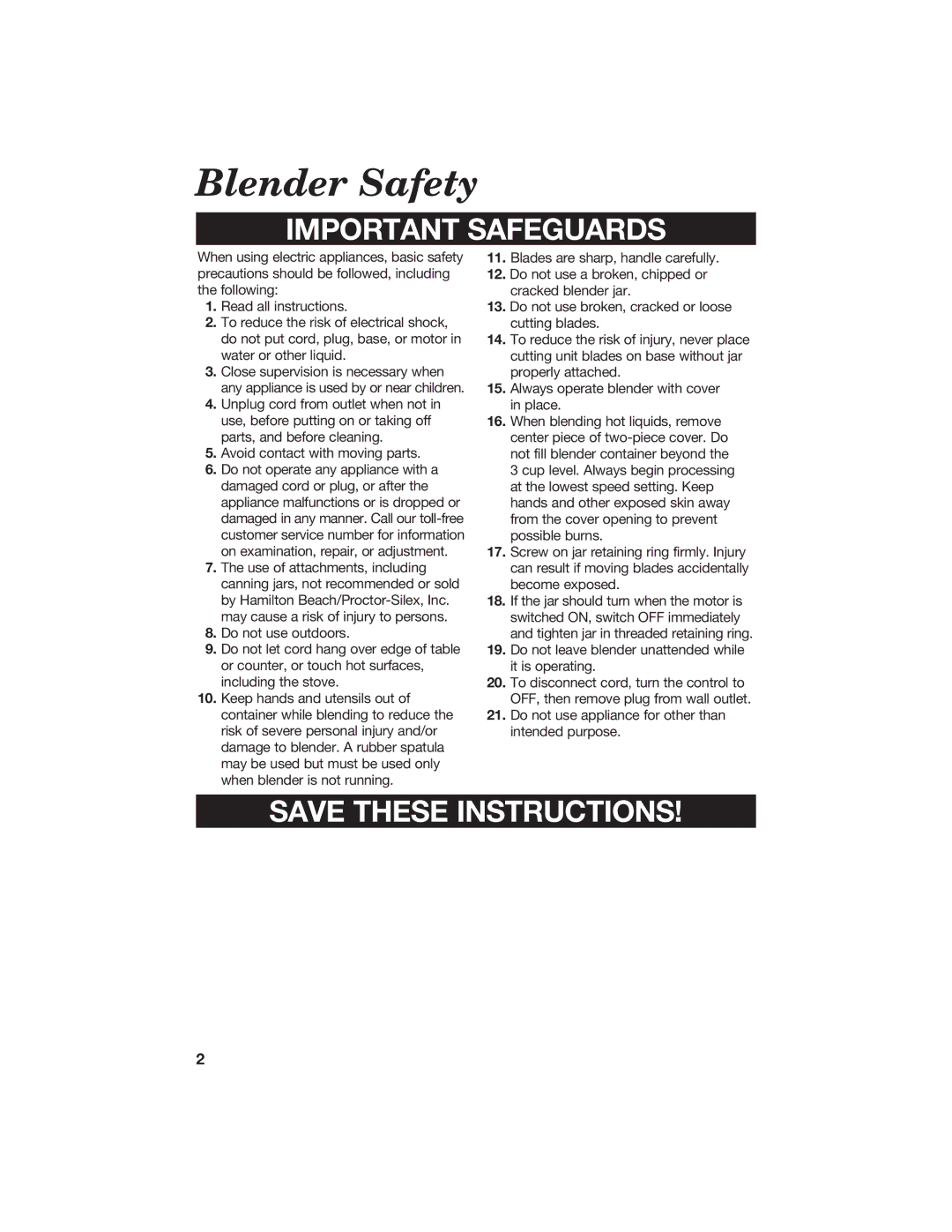 Hamilton Beach 840071000 manual Blender Safety, Important Safeguards 