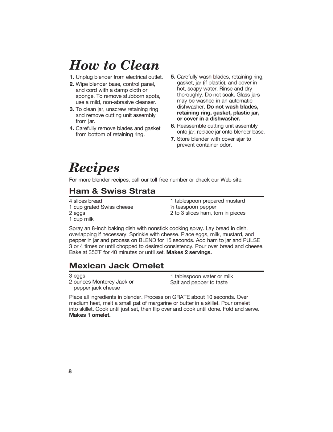 Hamilton Beach 840071000 manual How to Clean, Recipes, Ham & Swiss Strata, Mexican Jack Omelet 