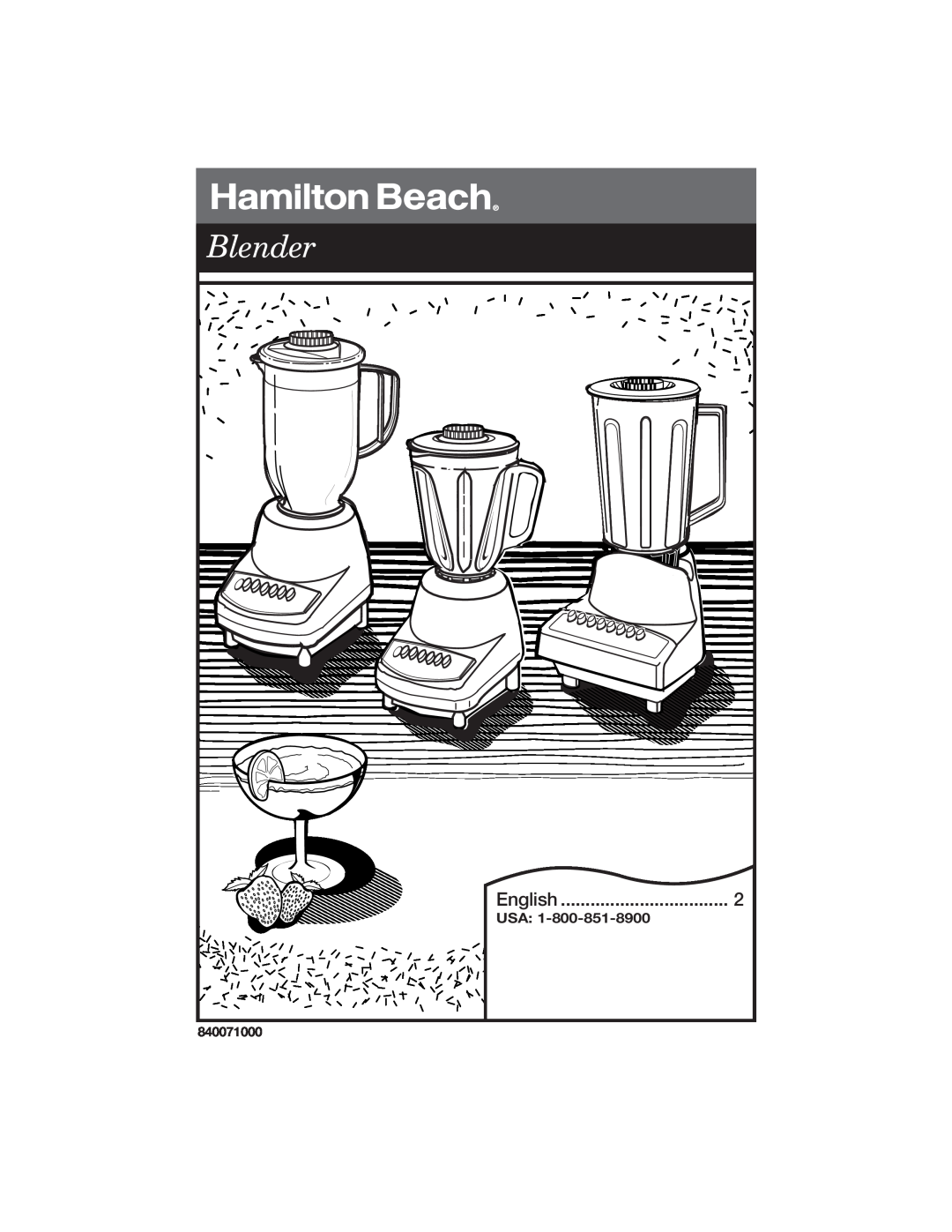 Hamilton Beach 840071000 manual English, Blender, Usa 