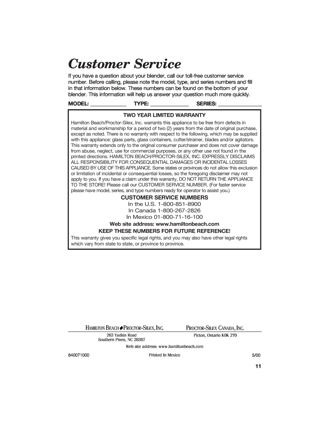 Hamilton Beach 840071000 manual Customer Service Numbers, Hamilton Beach, Proctor-Silex,Inc 