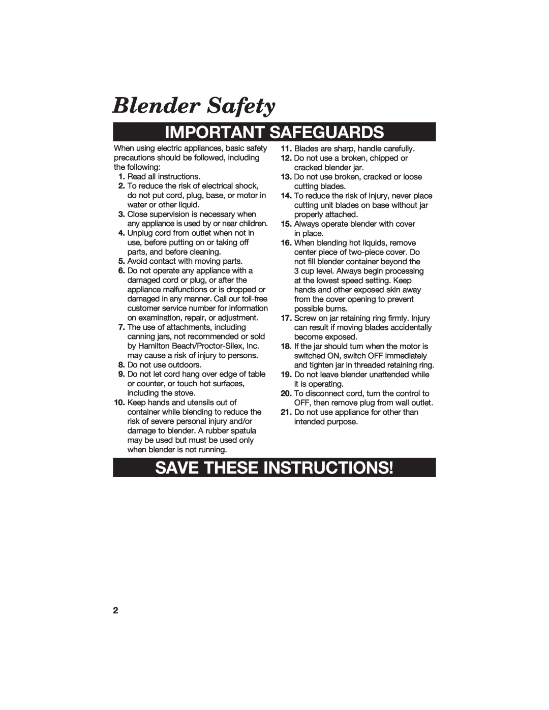 Hamilton Beach 840071000 manual Blender Safety, Important Safeguards, Save These Instructions 