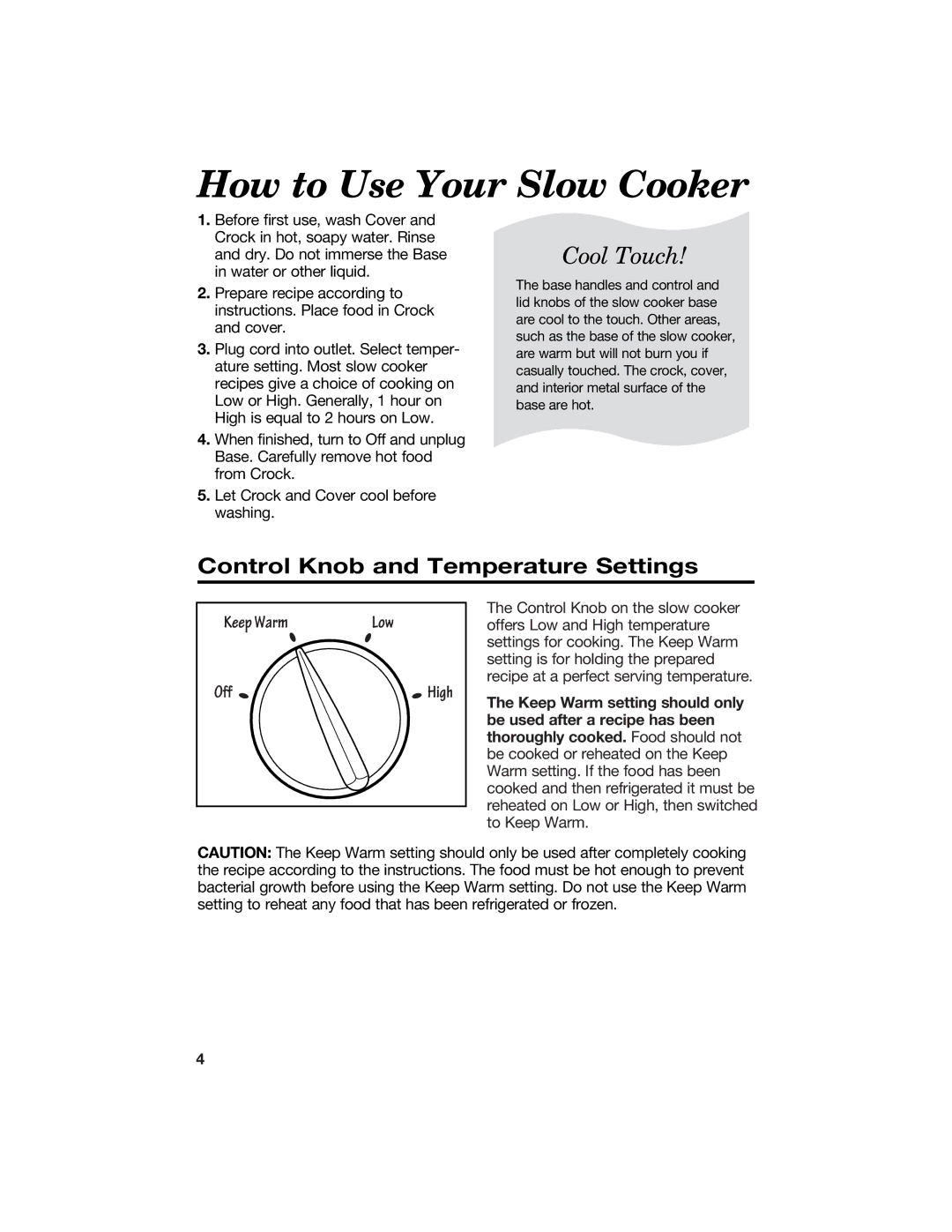 Hamilton Beach 840071200 manual How to Use Your Slow Cooker, Control Knob and Temperature Settings 