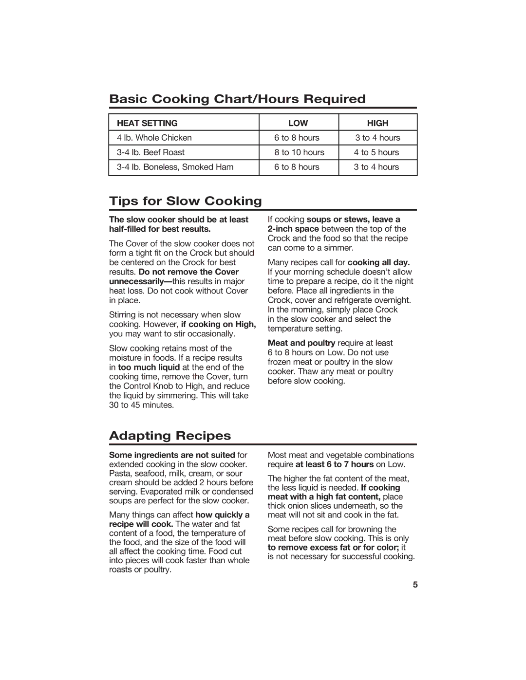 Hamilton Beach 840071200 manual Basic Cooking Chart/Hours Required, Tips for Slow Cooking, Adapting Recipes 