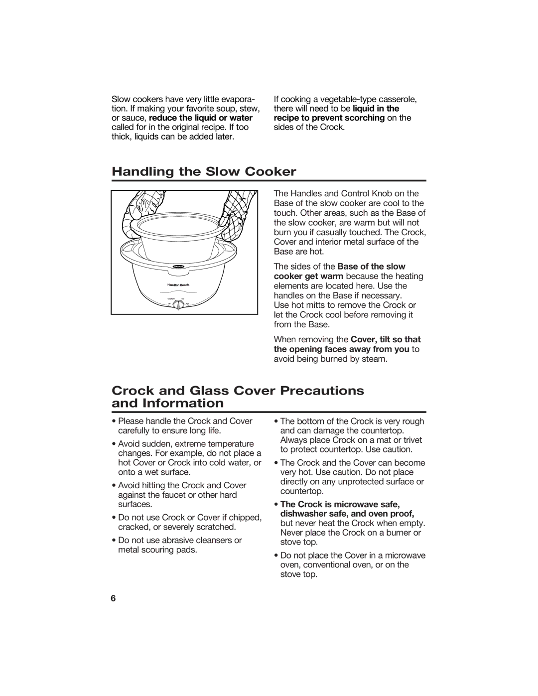 Hamilton Beach 840071200 manual Handling the Slow Cooker, Crock and Glass Cover Precautions and Information 