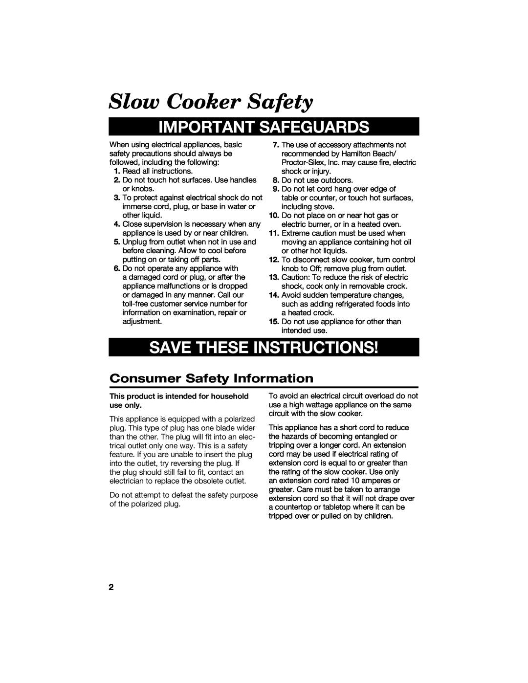 Hamilton Beach 840071200 Slow Cooker Safety, Consumer Safety Information, Important Safeguards, Save These Instructions 