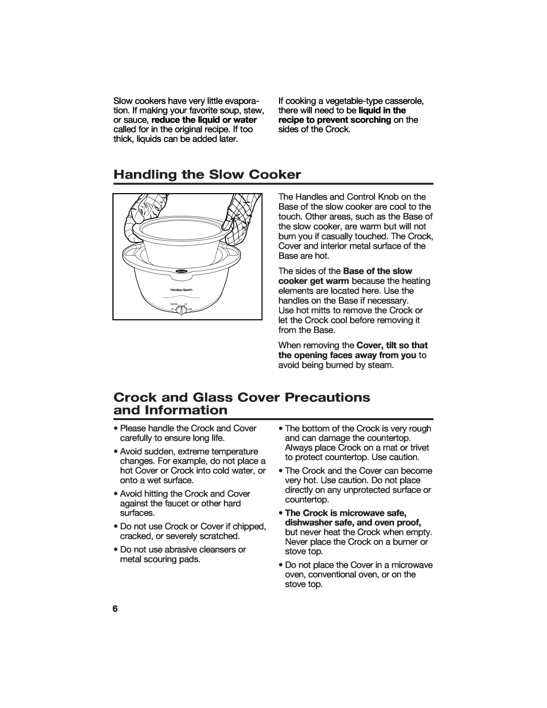Hamilton Beach 840071200 manual Handling the Slow Cooker, Crock and Glass Cover Precautions and Information 