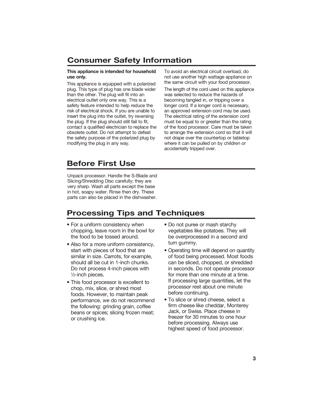 Hamilton Beach 840072000 manual Consumer Safety Information, Before First Use, Processing Tips and Techniques 