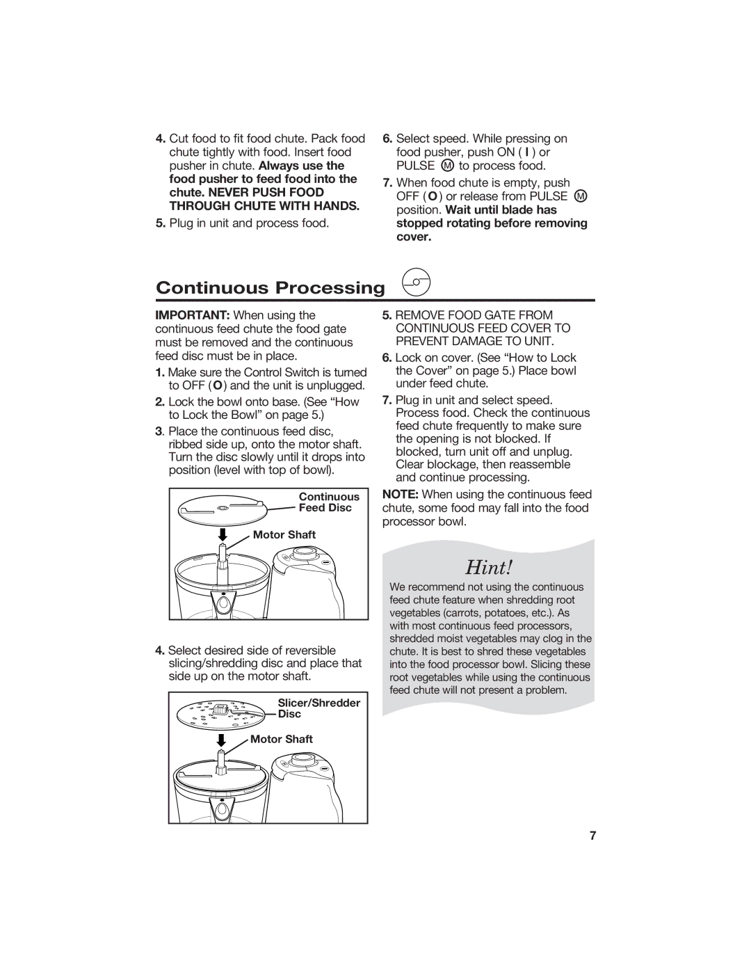 Hamilton Beach 840072000 manual Hint, Continuous Processing 