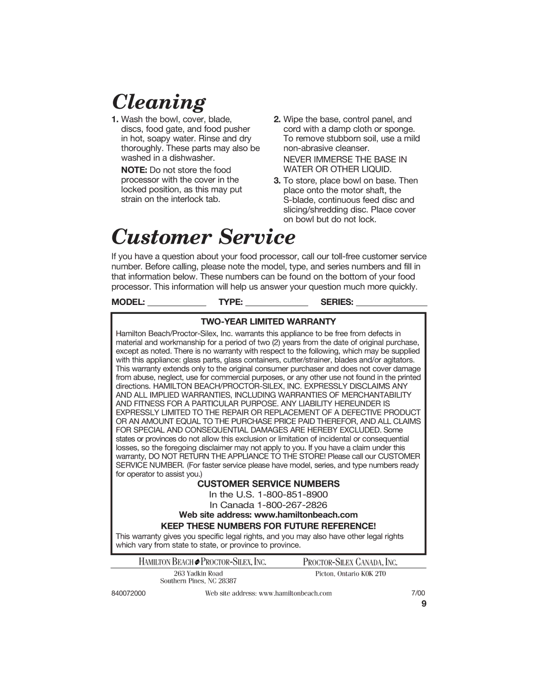 Hamilton Beach 840072000 manual Customer Service, Cleaning 