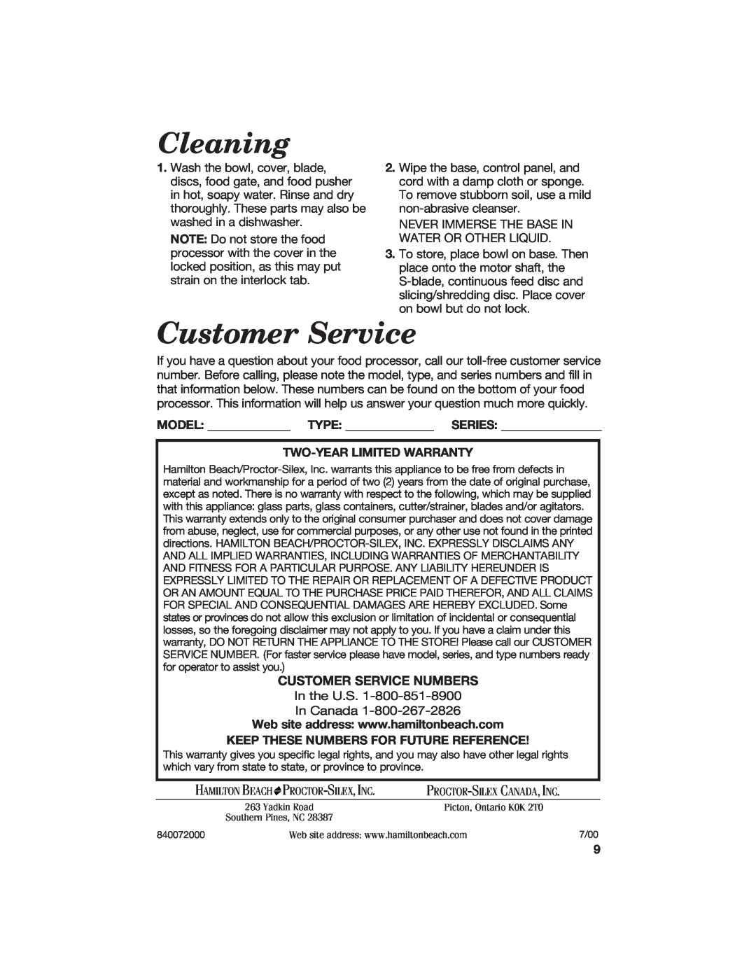 Hamilton Beach 840072000 manual Cleaning, Customer Service Numbers 