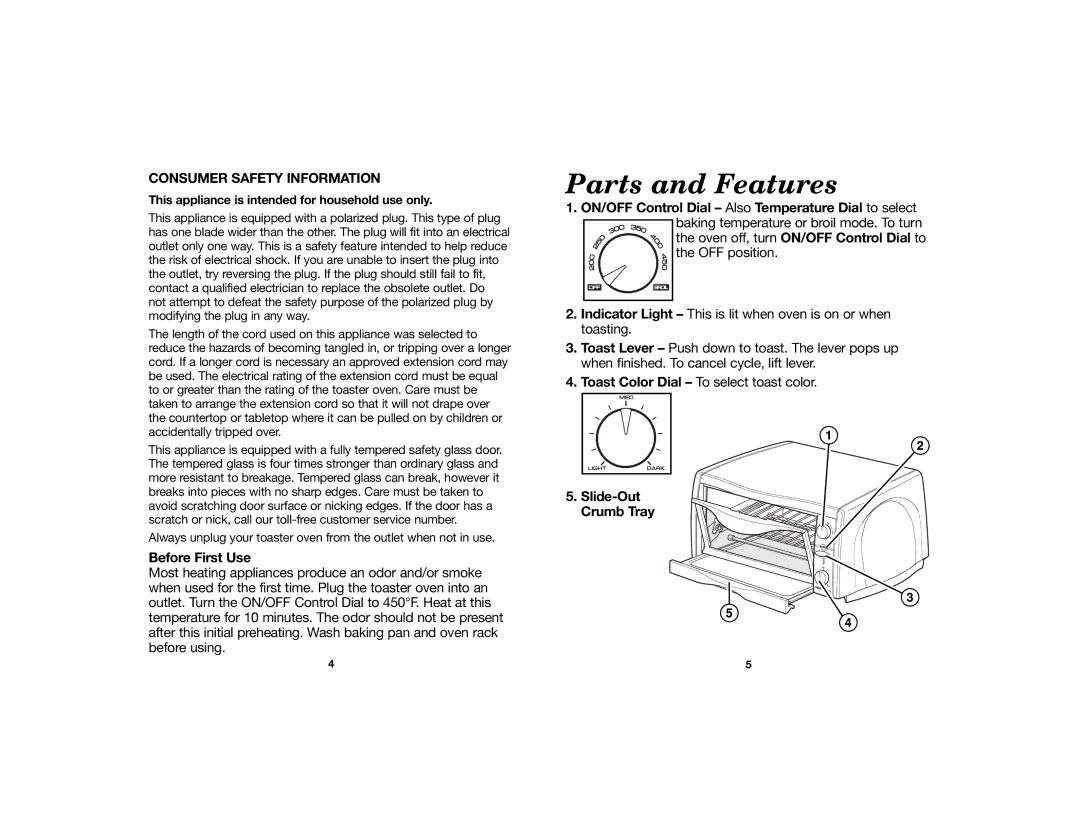 Hamilton Beach 840073000 manual Parts and Features, Consumer Safety Information, Before First Use, Slide-Out Crumb Tray 