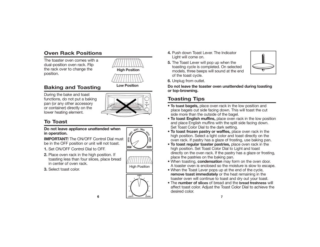 Hamilton Beach 840073000 manual Oven Rack Positions, Baking and Toasting, To Toast Toasting Tips 